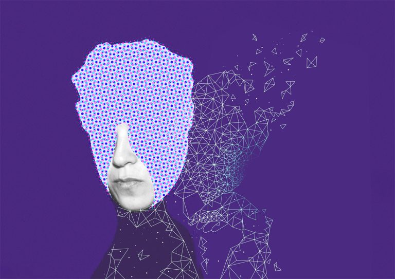 Illustration abstraite représentant un visage partiellement composé de points et de lignes géométriques sur fond violet